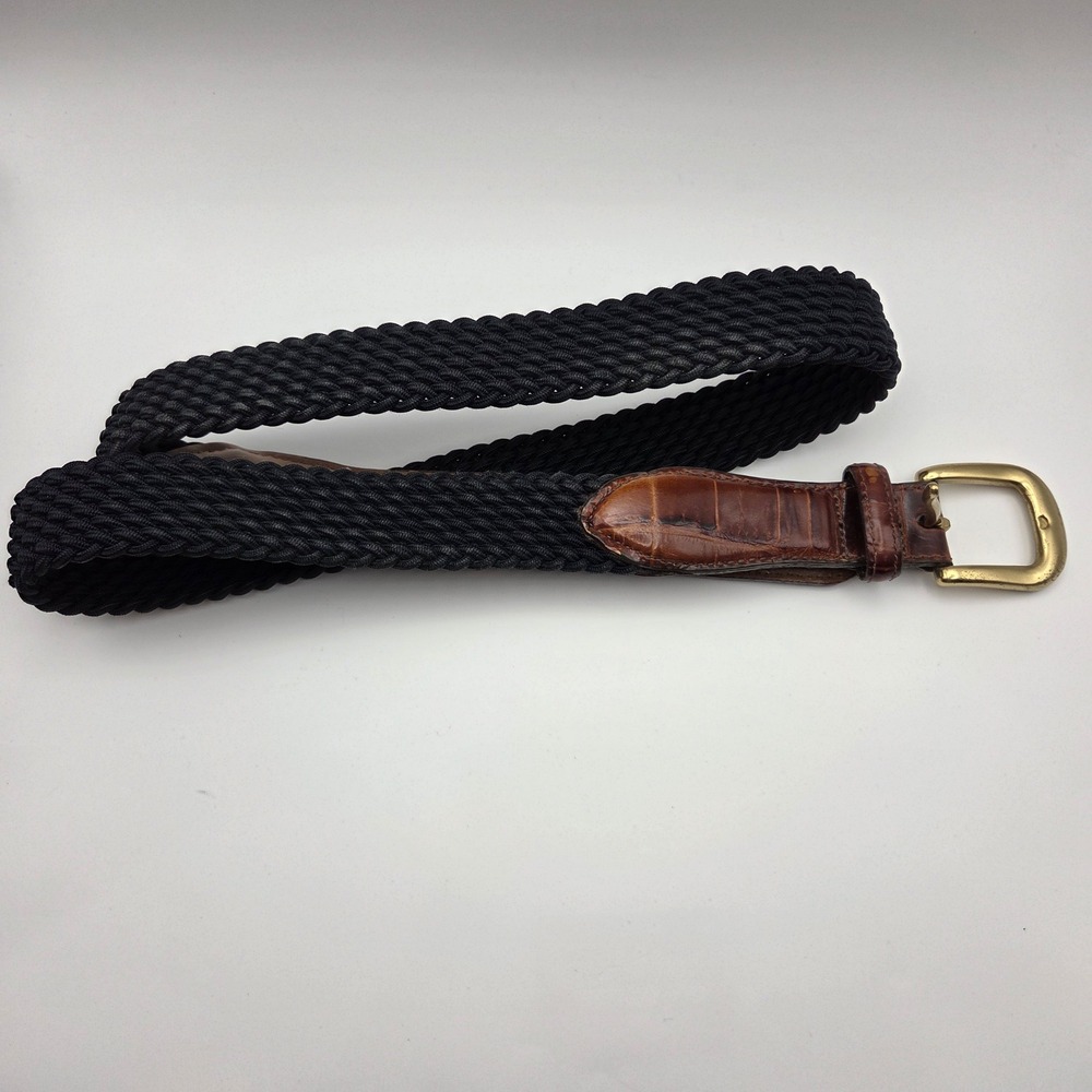 Brighton Woven Stretch Black Belt Brown Leather Trim Solid Brass Buckle Size 36